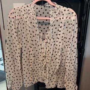 Zara Cream Blouse with Brown Polka Dots and Ruffle Trim